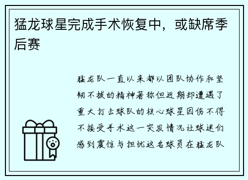 猛龙球星完成手术恢复中，或缺席季后赛