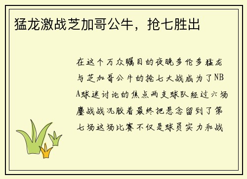 猛龙激战芝加哥公牛，抢七胜出